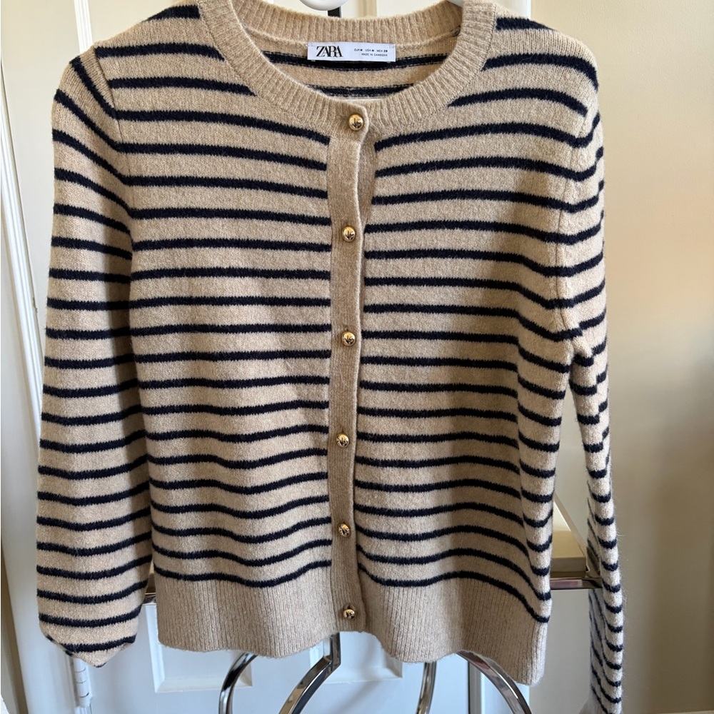 Zara Beige and Navy Striped Button-Front Cardigan with Gold Buttons